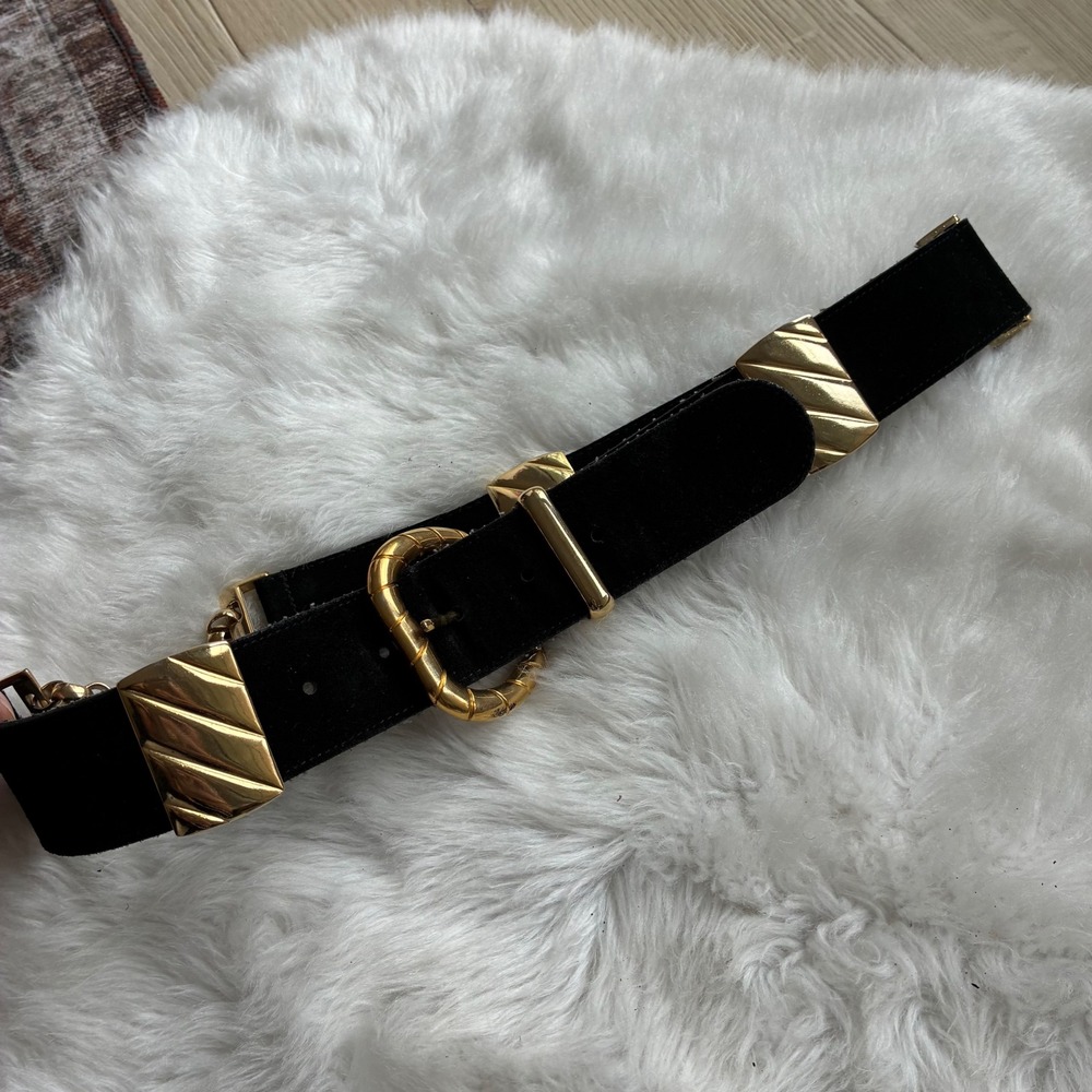 Vintage Express 90s Black Leather Belt Gold Hardware Chunky Chain Medium